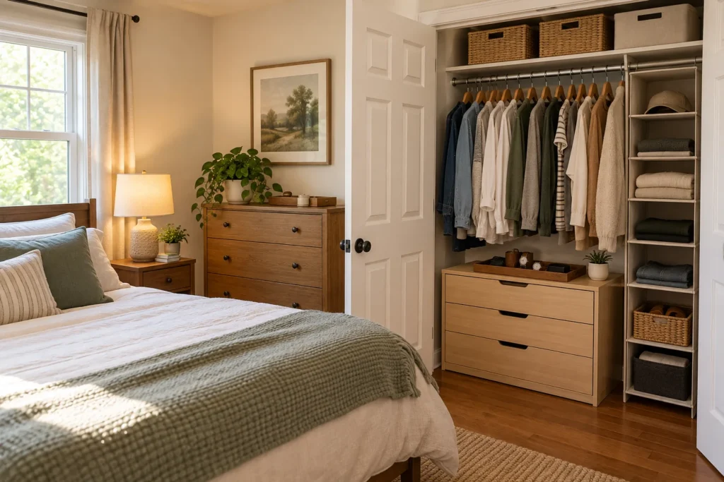 Everyday clothing arranged in a closet with folded items stored on shelves. Copy alt text