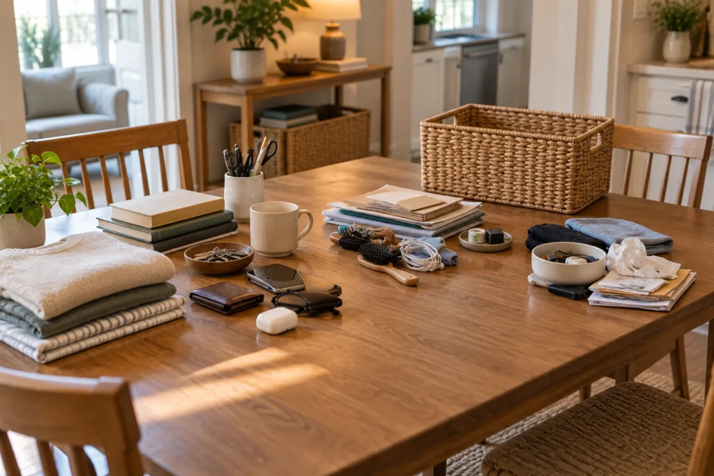 Household items, folded towels, papers, and small accessories spread across a table before sorting and choosing storage. Copy Alt Text