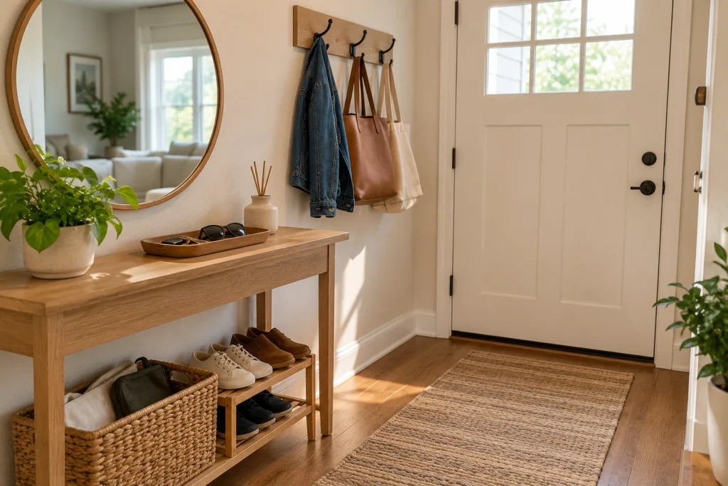 A home entryway with organized shoes, bags, and coats stored near the front door. Copy Alt Text