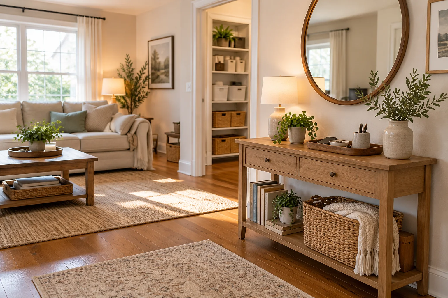 A comfortable living room with everyday belongings stored neatly in baskets and on a console.