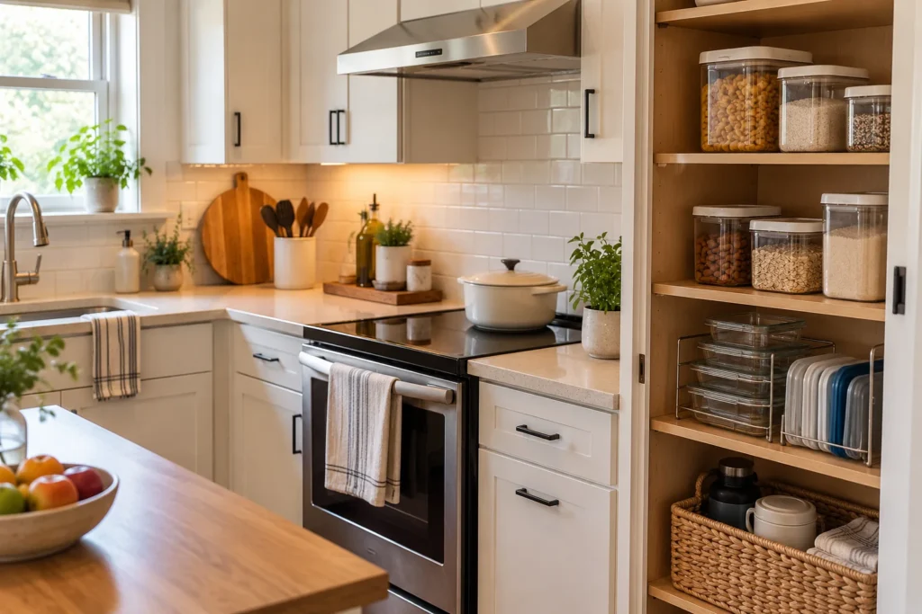 A kitchen with organized food containers, stacked storage dishes, and everyday cooking items on the counter.