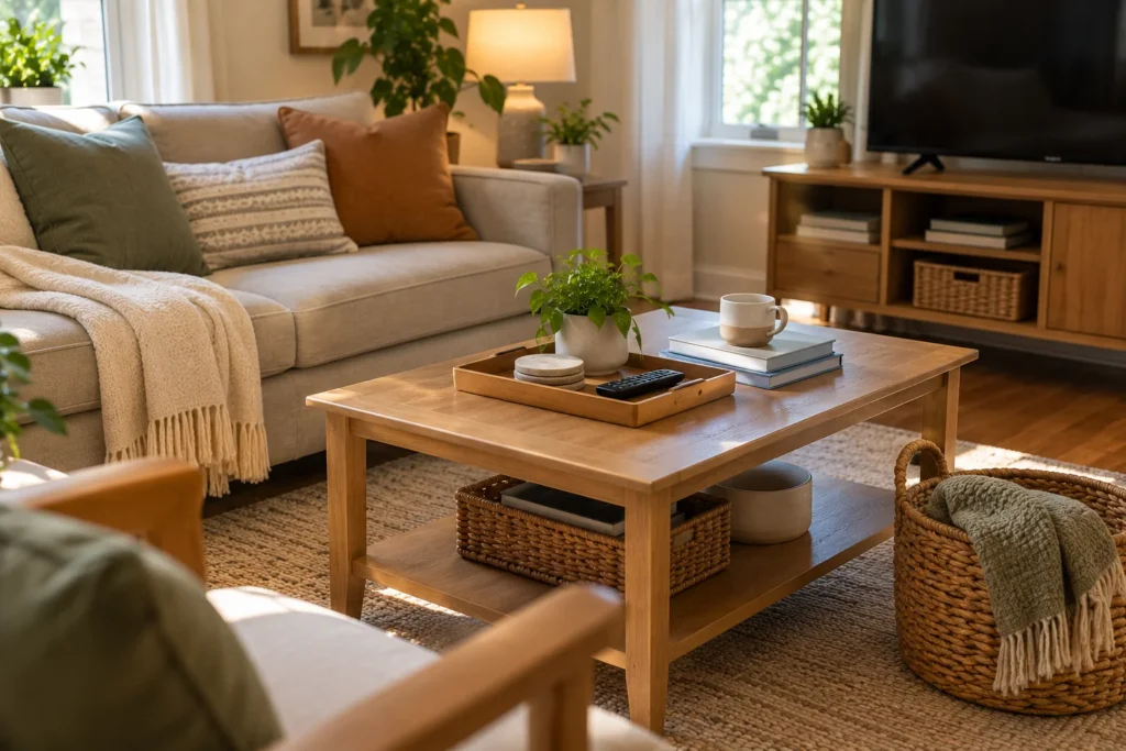 A living room with a remote control on a tray and a folded blanket in a nearby woven basket. Copy Alt Text