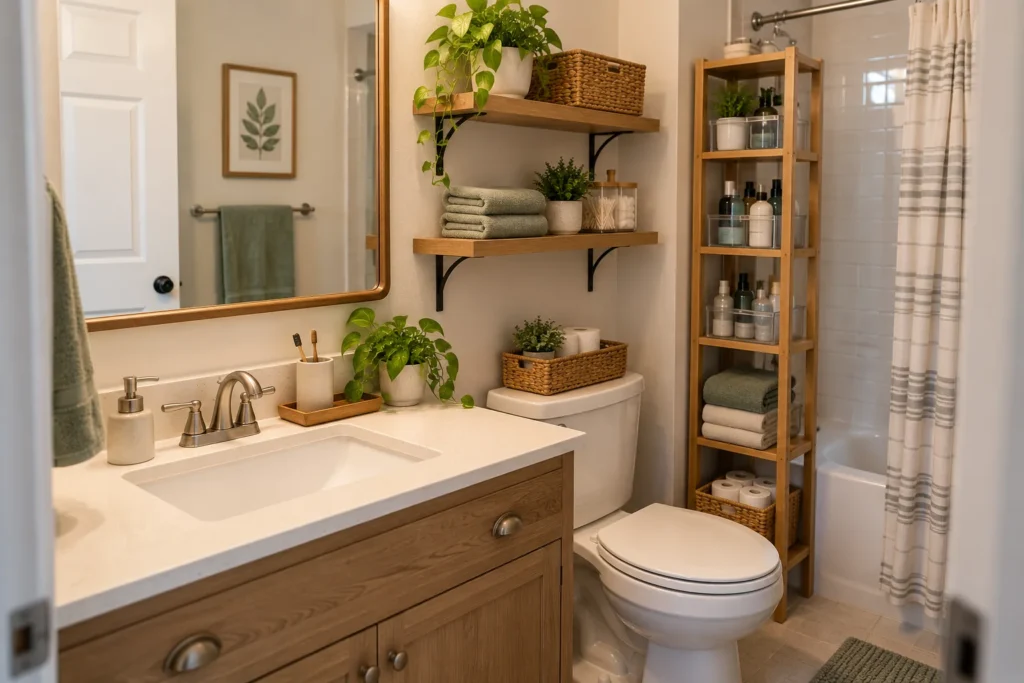 A small bathroom with wall shelves and a narrow vertical rack holding toiletries, towels, and baskets.