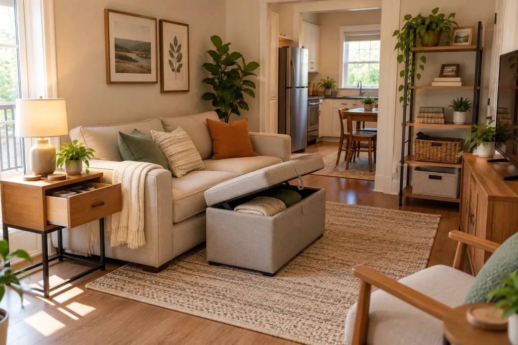 A living room with a storage ottoman holding a folded blanket and a side table with a drawer. Copy alt text
